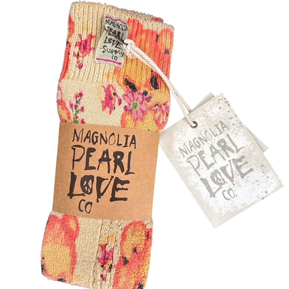 Magnolia Pearl Teddy Bear Floral Orange & Beige Knit Knee High Socks NWT - Picture 5 of 5